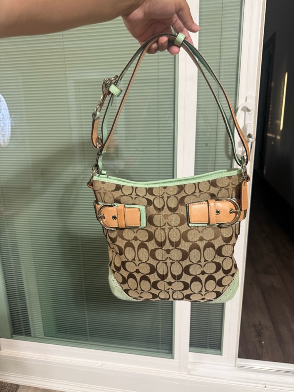 Coach Canvas Shoulder Bag in Khaki, Mint & Tan